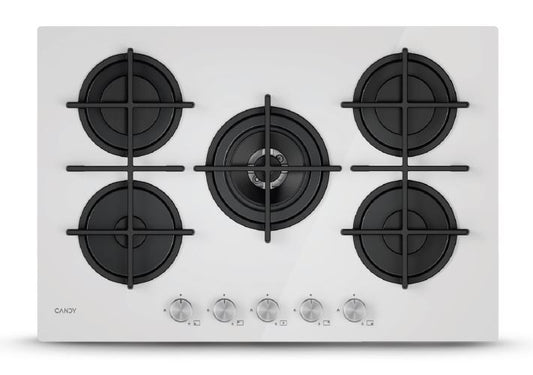 CANDY BI CVG74WTW|33803480|Piano Gas Vetro Bianco; da 75 cm; 5 Fuochi;   Bruciatore speciale al cent