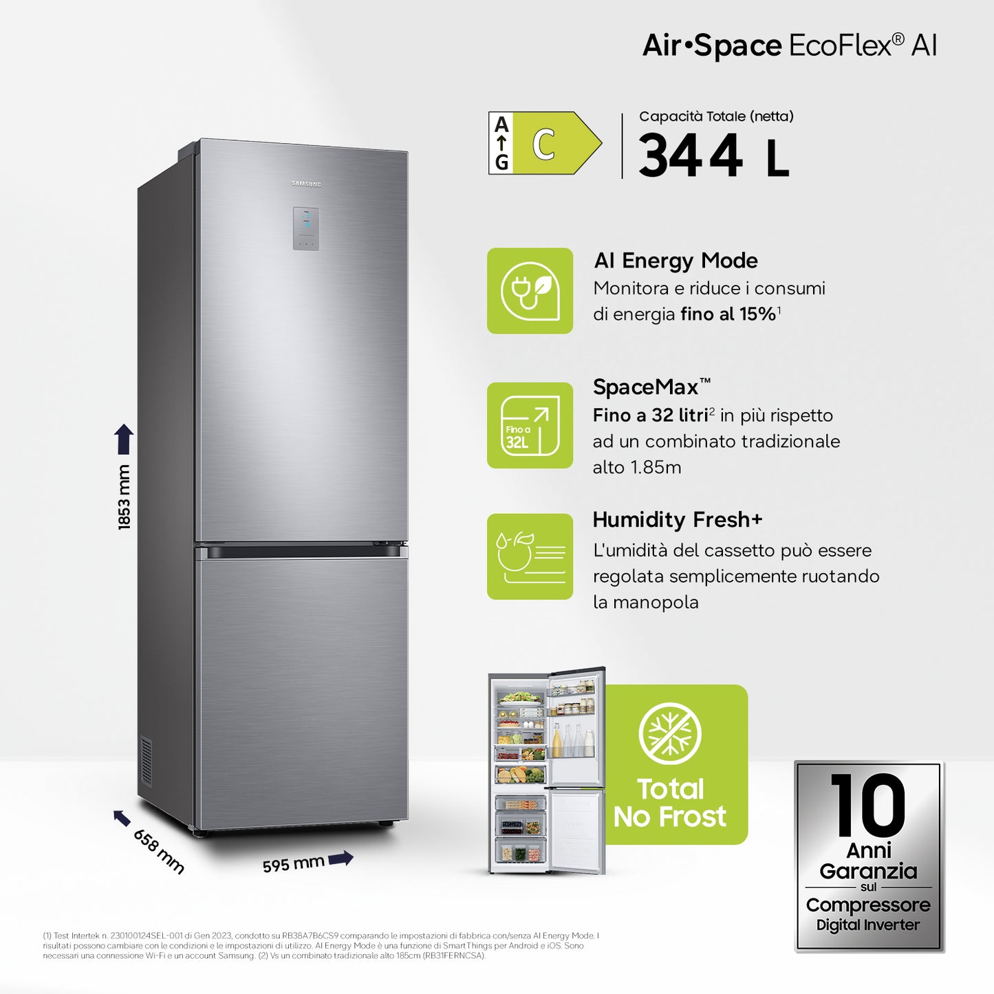 Samsung RB34C775CS9 frigorifero Combinato EcoFlex AI 1.85m 344L Libera installazione con congelatore Wifi 1,85m 344 L con rivestimento in acciaio inox Classe C, Inox