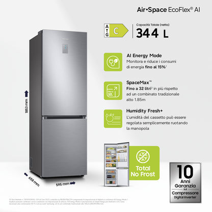 Samsung RB34C775CS9 frigorifero Combinato EcoFlex AI 1.85m 344L Libera installazione con congelatore Wifi 1,85m 344 L con rivestimento in acciaio inox Classe C, Inox