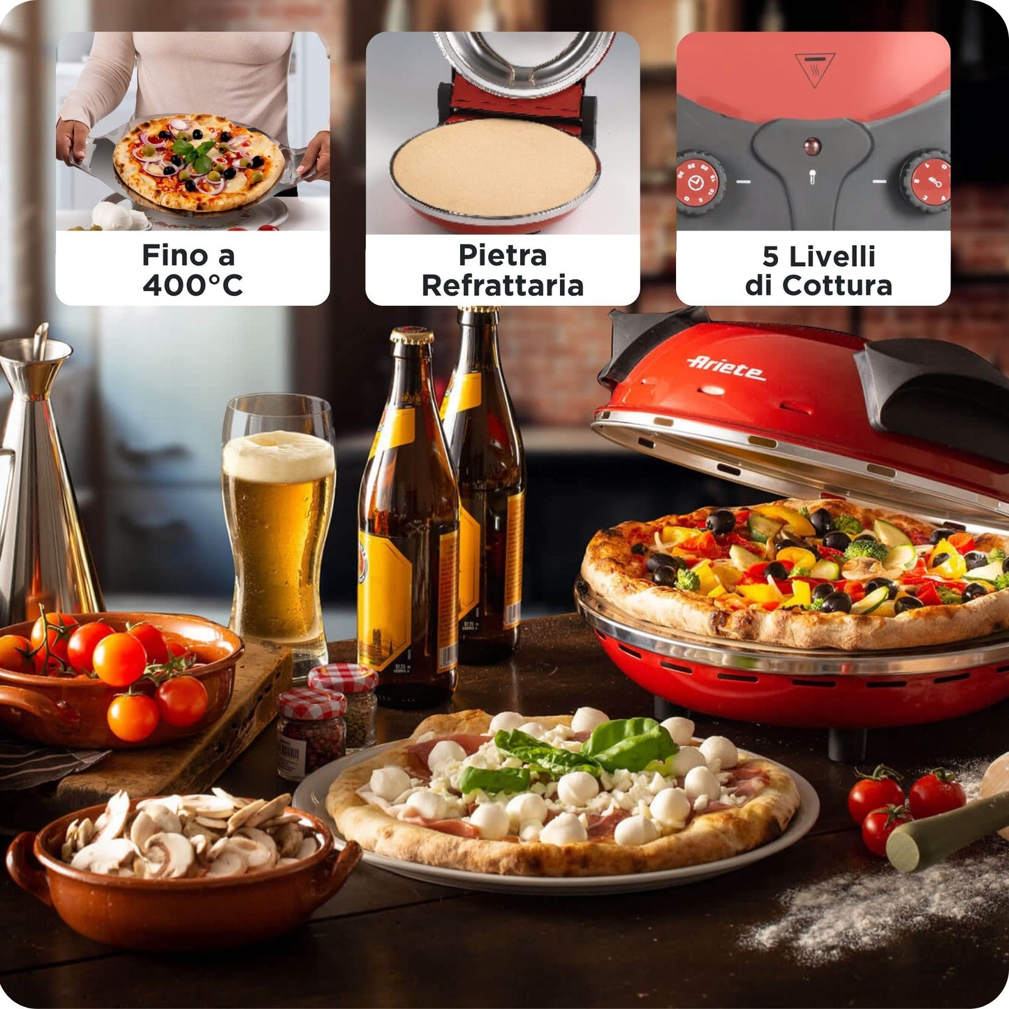 Ariete 909 Forno Pizza - Pizza in 4 minuti - Piastra in pietra refrattaria con trattamento antiaderente - Temperatura max 400° - 1200 Watt - Timer 30’