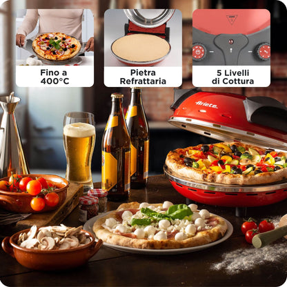 Ariete 909 Forno Pizza - Pizza in 4 minuti - Piastra in pietra refrattaria con trattamento antiaderente - Temperatura max 400° - 1200 Watt - Timer 30’