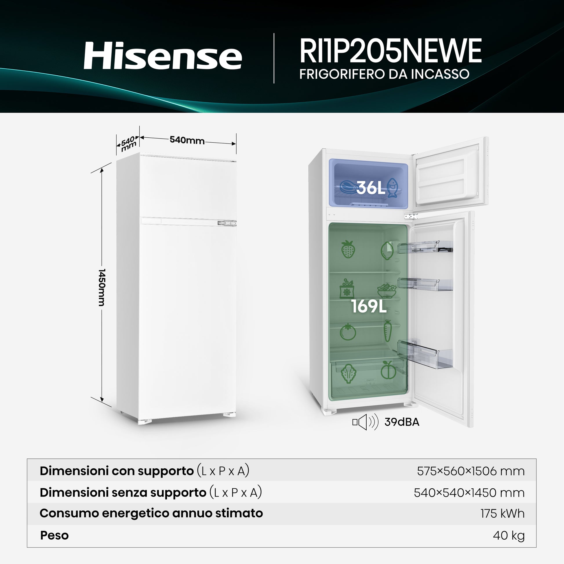 Hisense RI1P205NEWE frigorifero con congelatore Da incasso 205 L Bianco