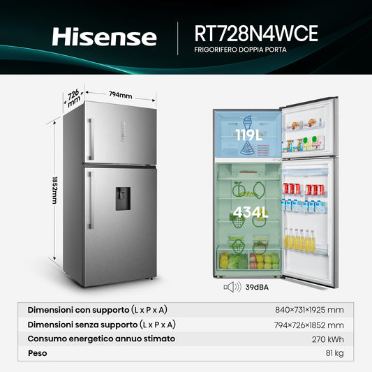 Hisense frigorifero/congelatore RT728N4WCE libera installazione 553L Classe E Dispenser Acqua Profondità ridotta Porta Reversibile
