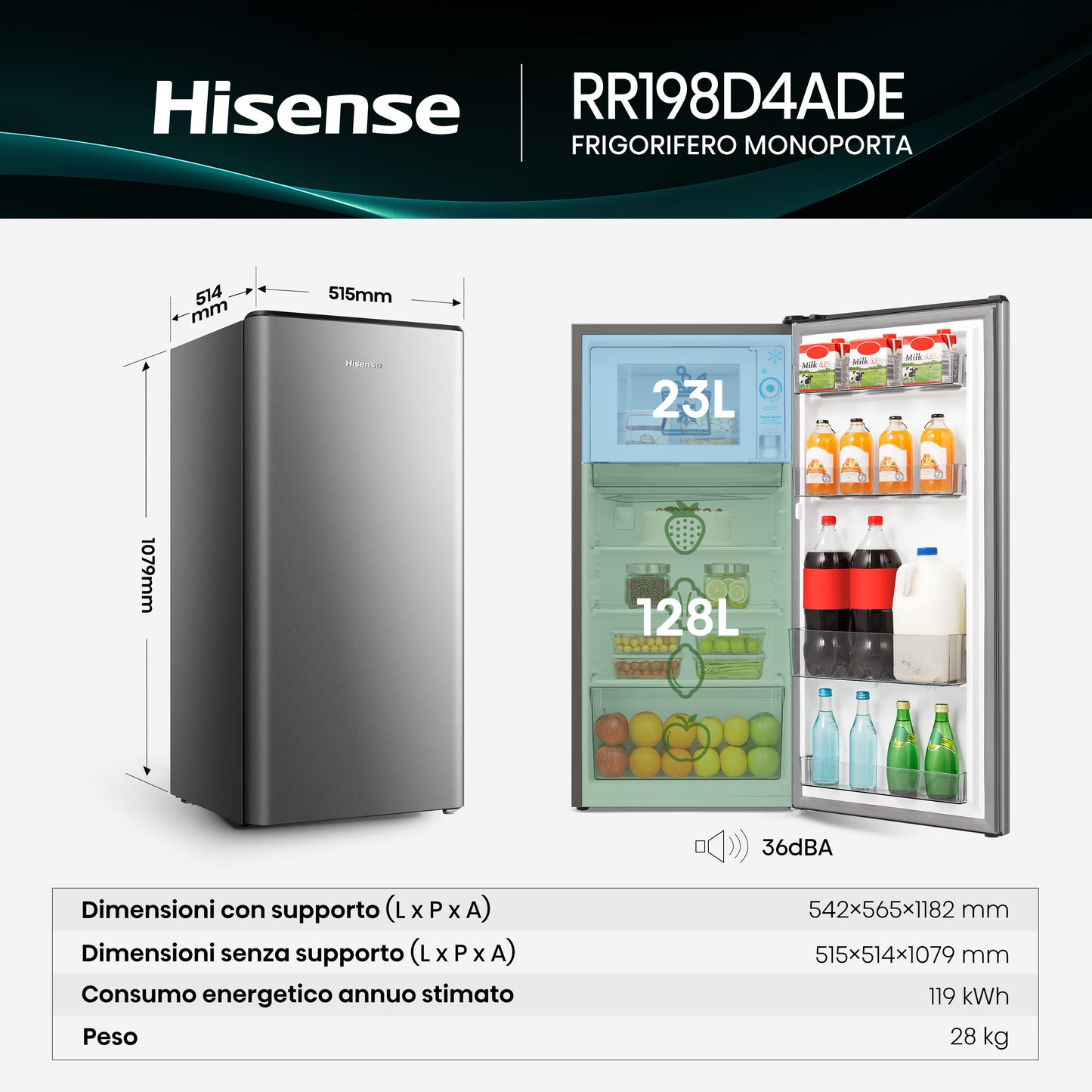 Hisense frigorifero RR198D4ADE libera installazione 151L Classe E