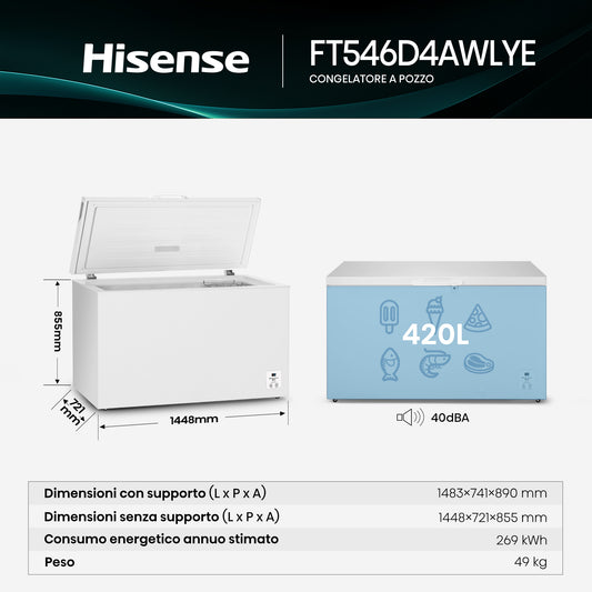 Hisense congelatore a pozzetto FT546D4AWLYE 420L Classe E Cestelli flessibili