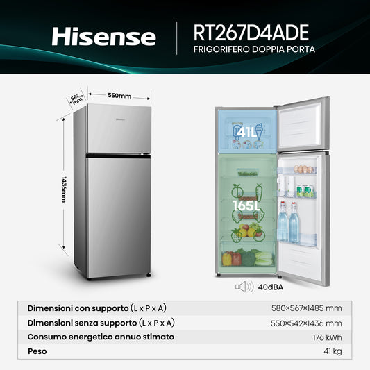 Hisense frigorifero/congelatore RT267D4ADE libera installazione 206L Classe E Profondità ridotta Porta Reversibile