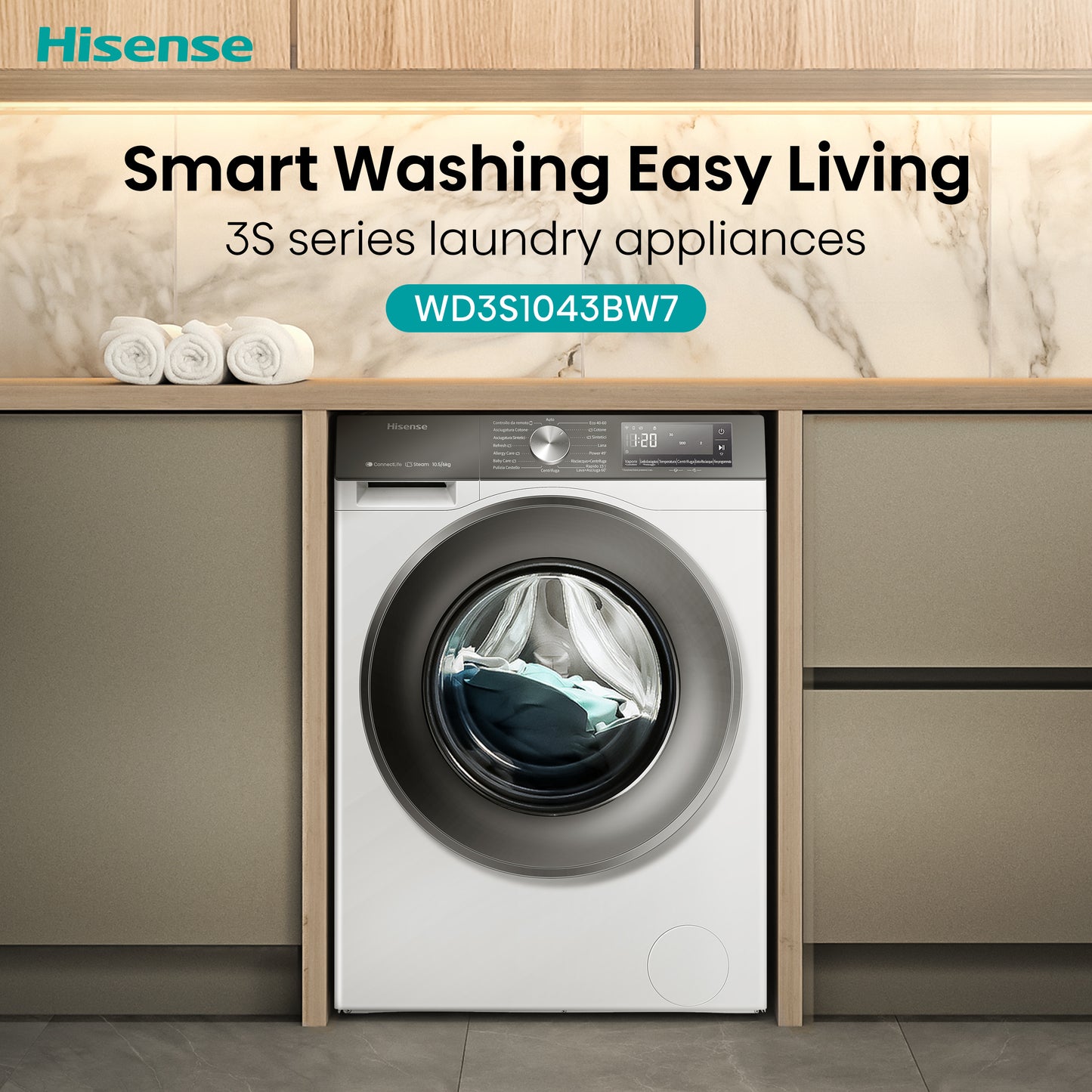 Hisense WD3S1043BW7 lavasciuga Libera installazione Caricamento frontale Bianco