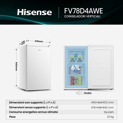Hisense congelatore verticale FV78D4AWE 61L Classe E Porta Reversibile