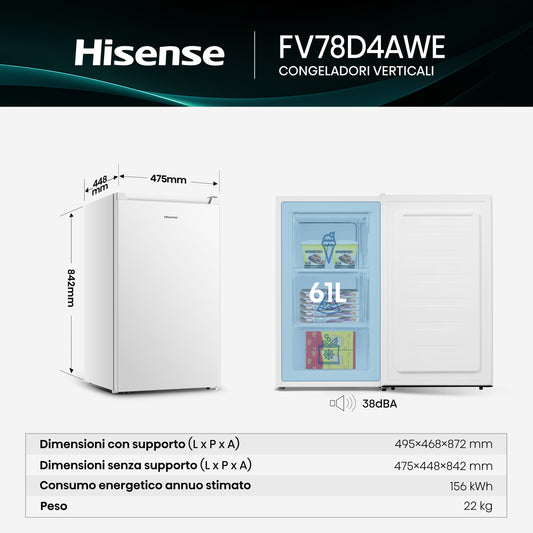Hisense congelatore verticale FV78D4AWE 61L Classe E Porta Reversibile